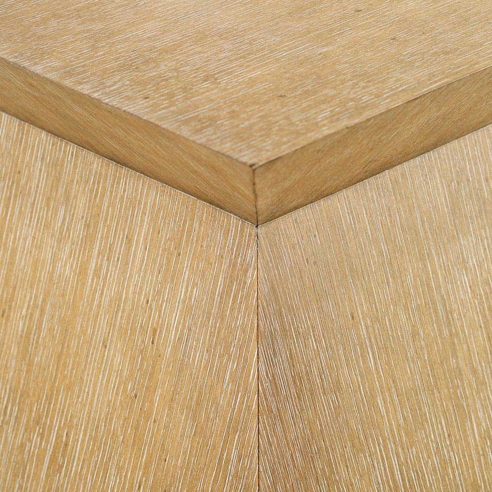 Detailed corner view, coffee table construction.