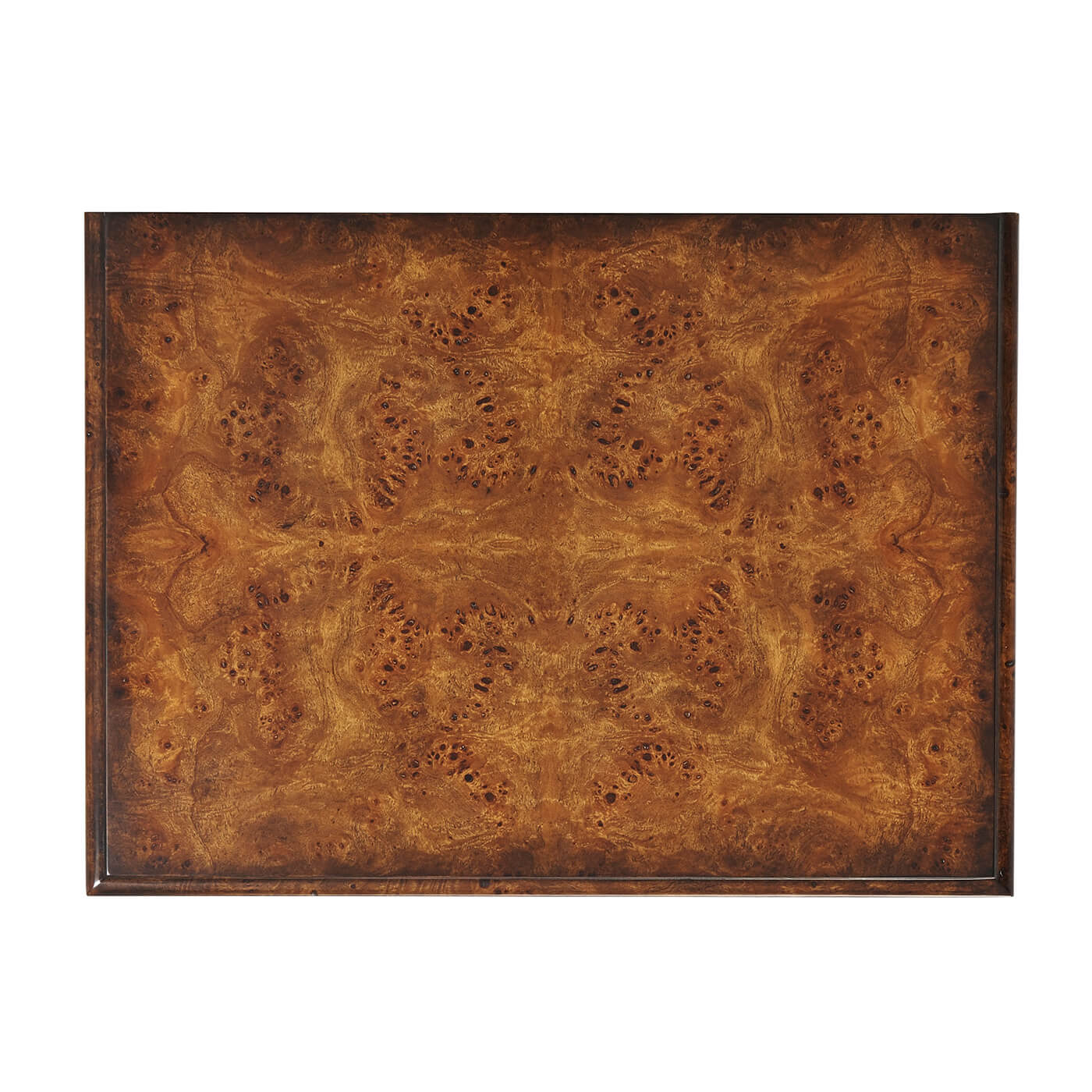 Nightstand top view, showcasing intricate burl wood pattern.