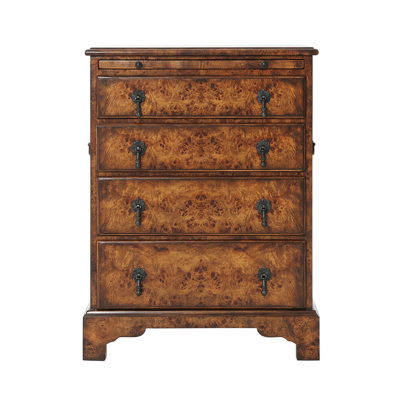 George I Burl Nightstand, front view showing all drawers closed.