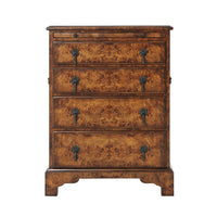 George I Burl Nightstand, front view showing all drawers closed.