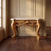 Elegant console table beside window, luxurious wood floor.