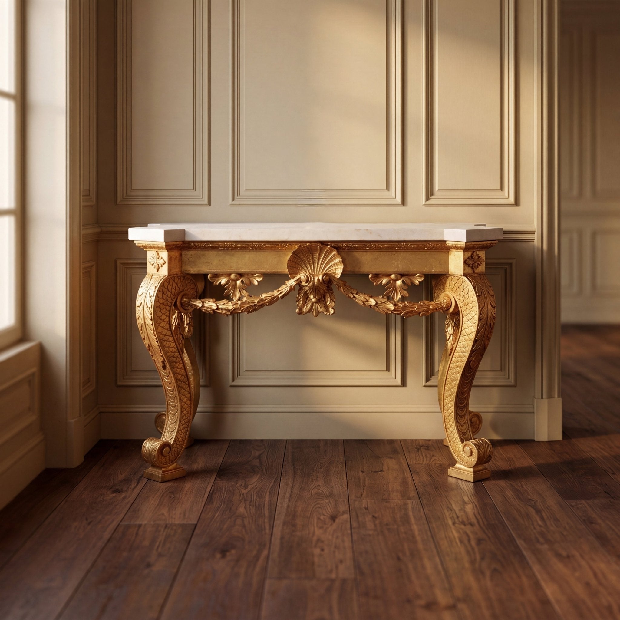 Elegant console table beside window, luxurious wood floor.