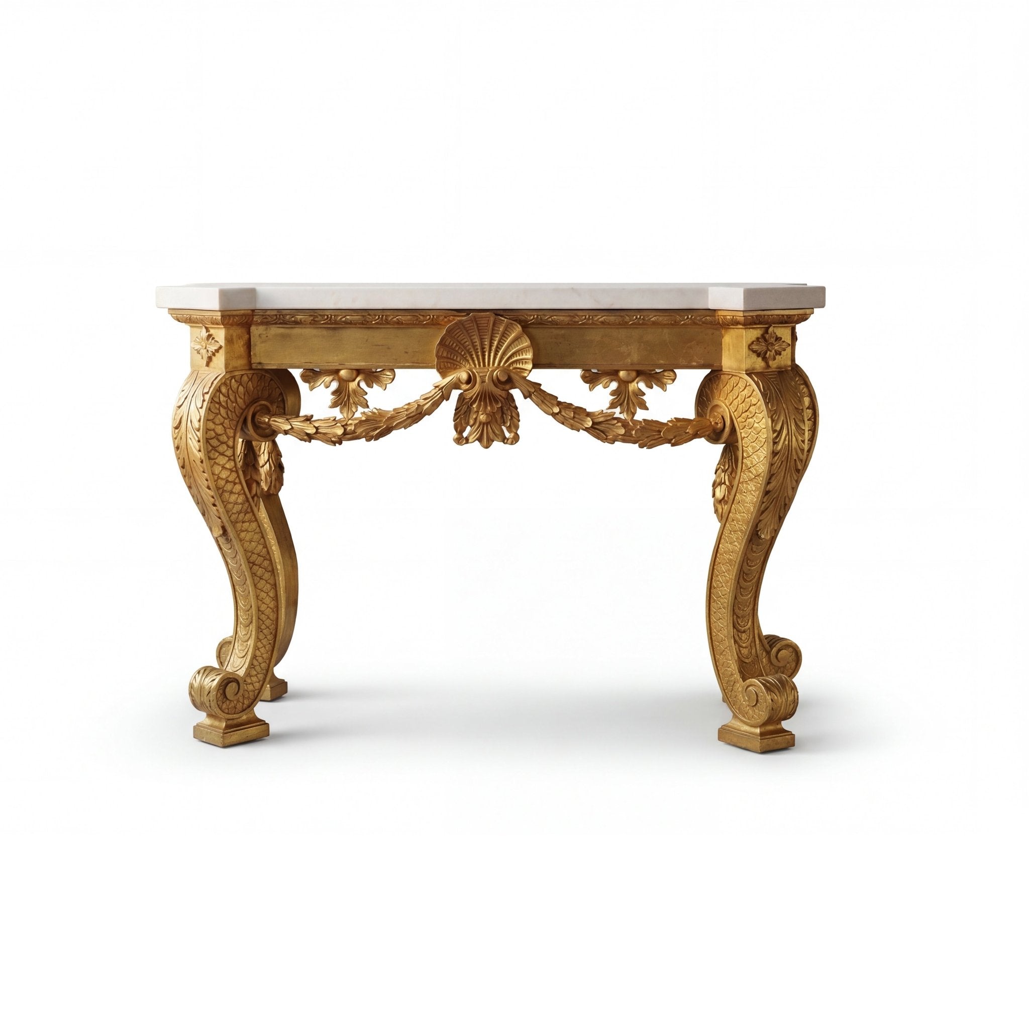 Ornate gold console table, white background.