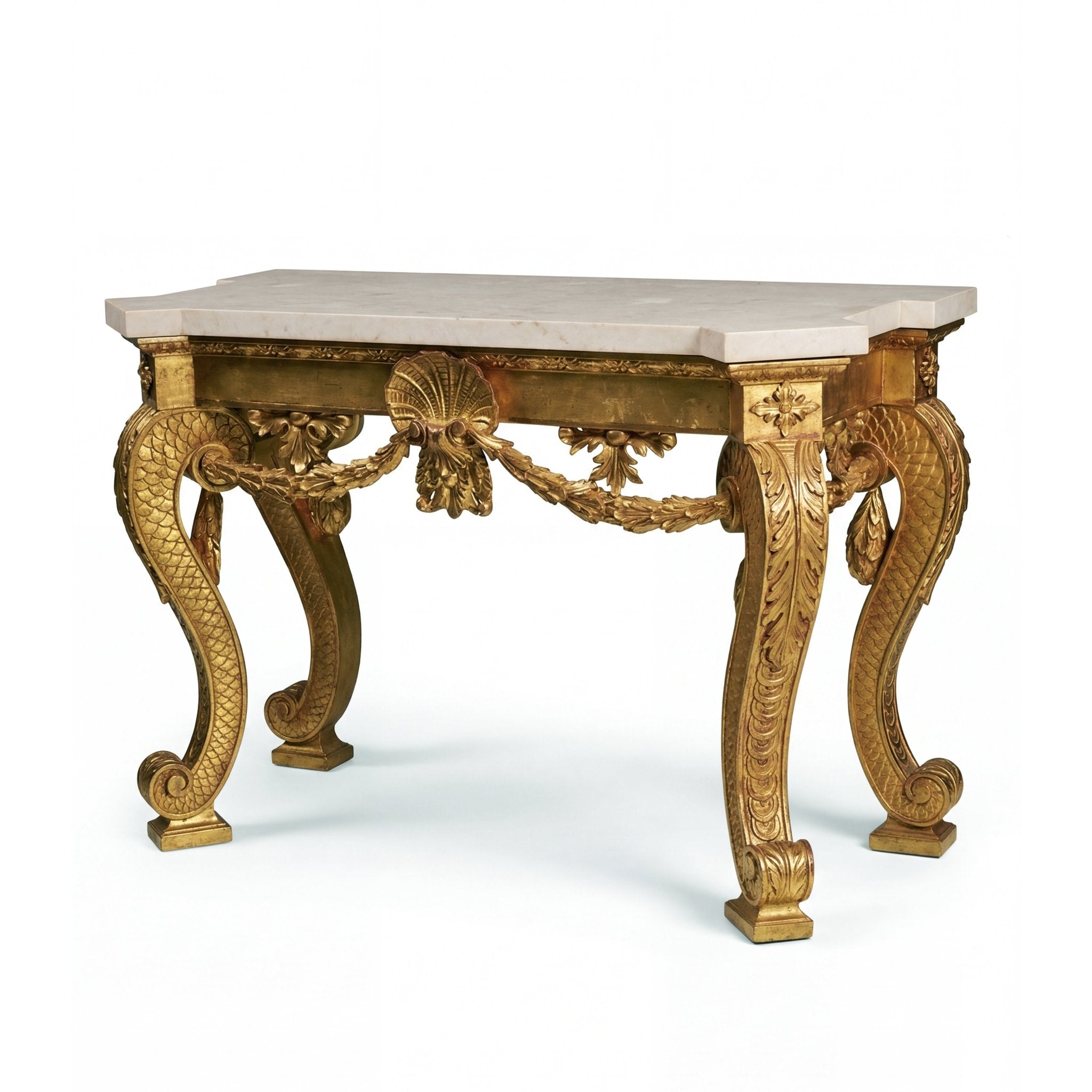 Detailed gilded console table, white background, intricate design.