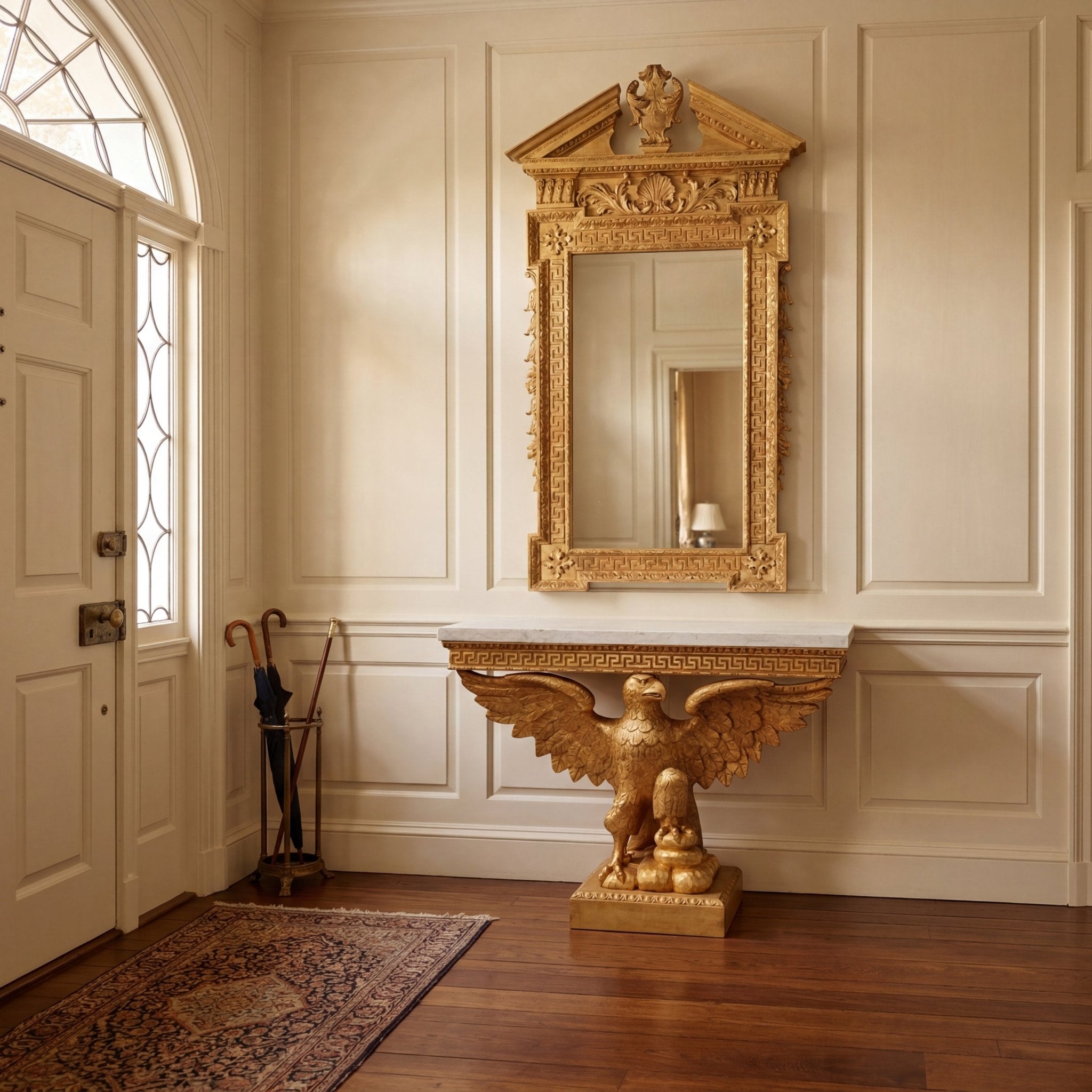 George II giltwood mirror above eagle console in hallway.