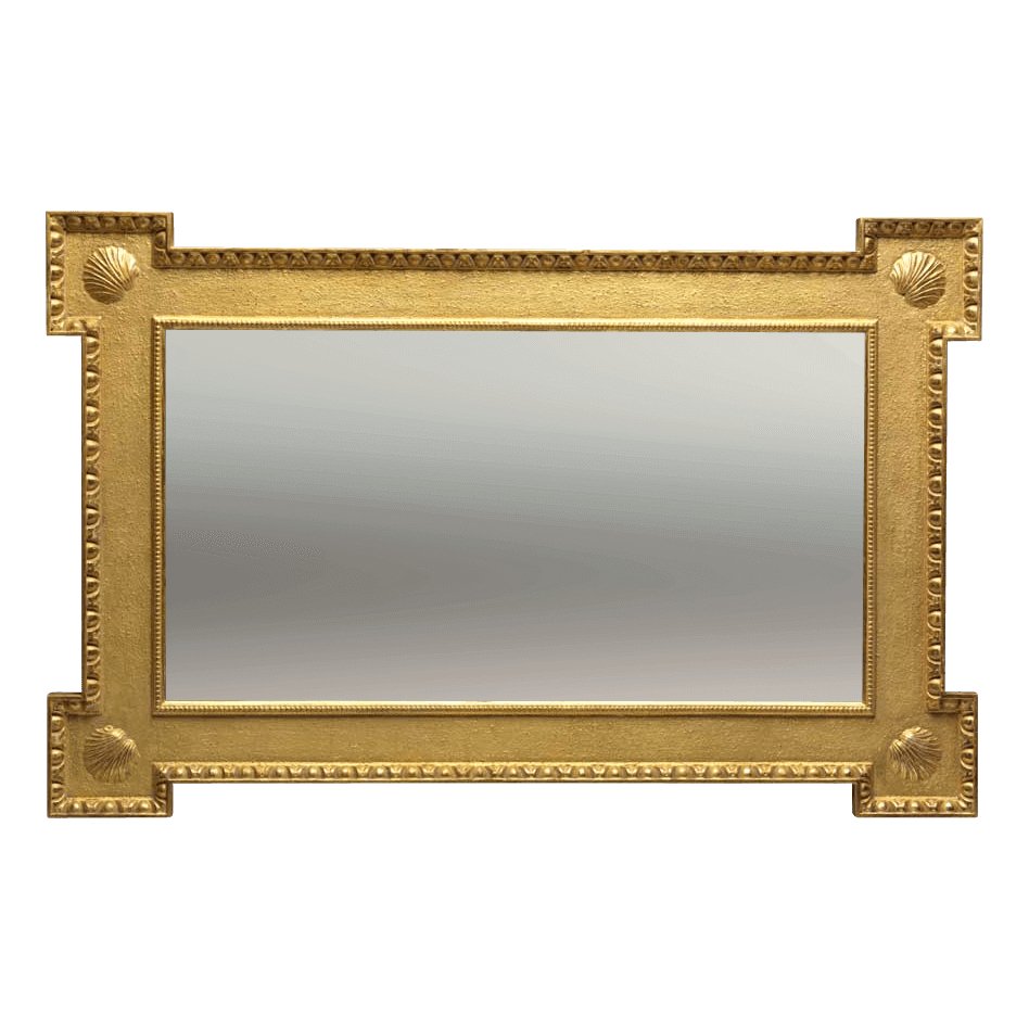 Rectangular George II giltwood mirror with ornate shell design.