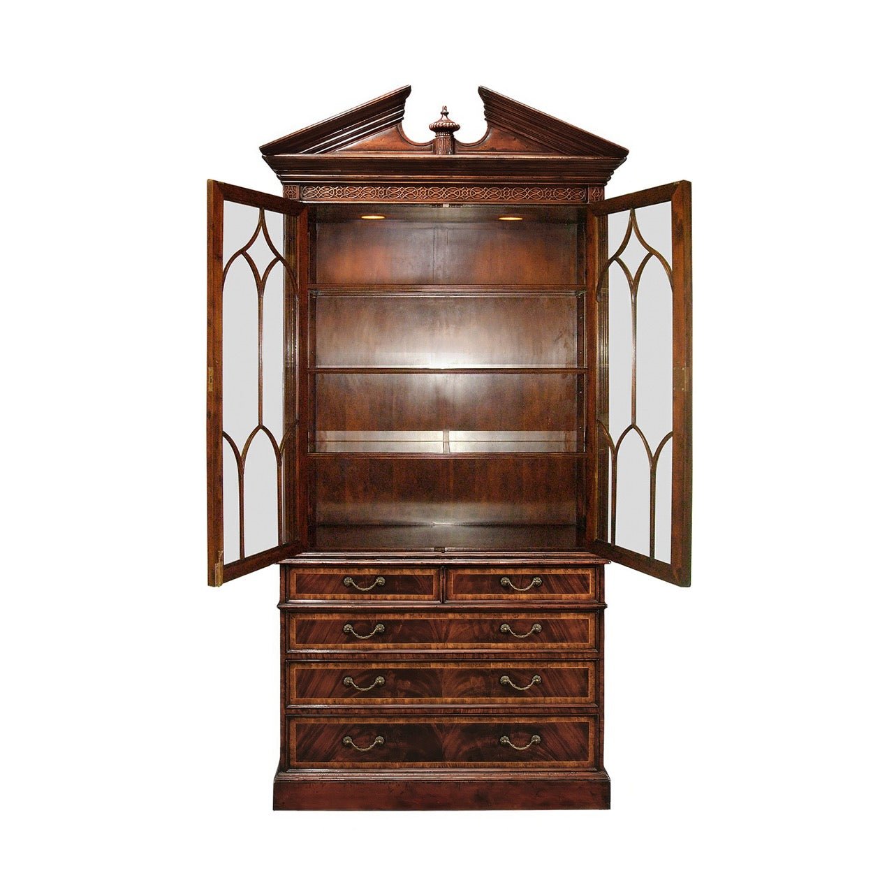 Open George II mahogany bookcase showing empty shelves.
