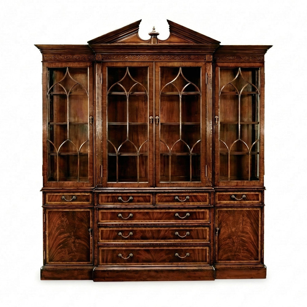 Antique George II bookcase, detailed woodwork, closed view.