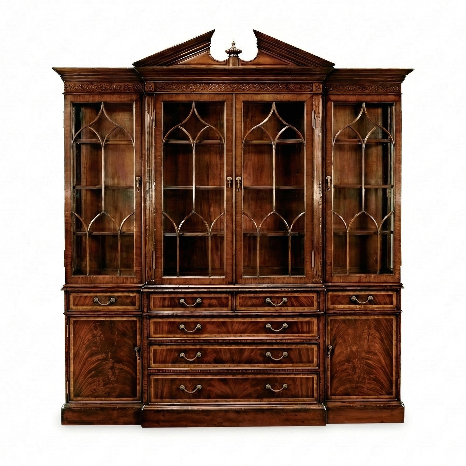 Antique George II bookcase, detailed woodwork, closed view.