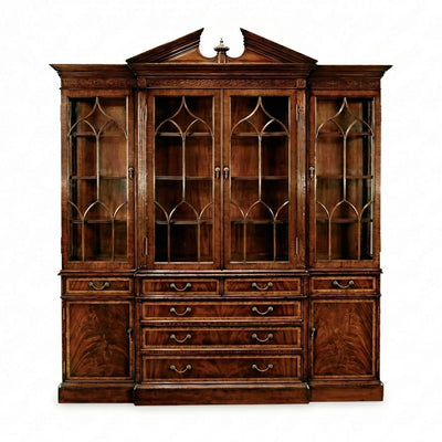 Antique George II bookcase, detailed woodwork, closed view.