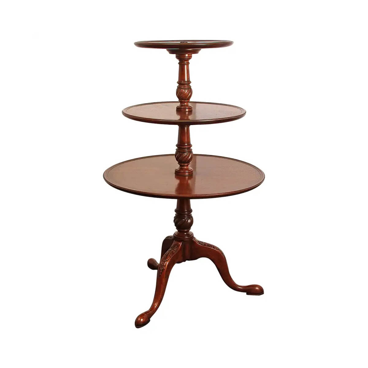 Three-tier mahogany dumbwaiter with turned columns.