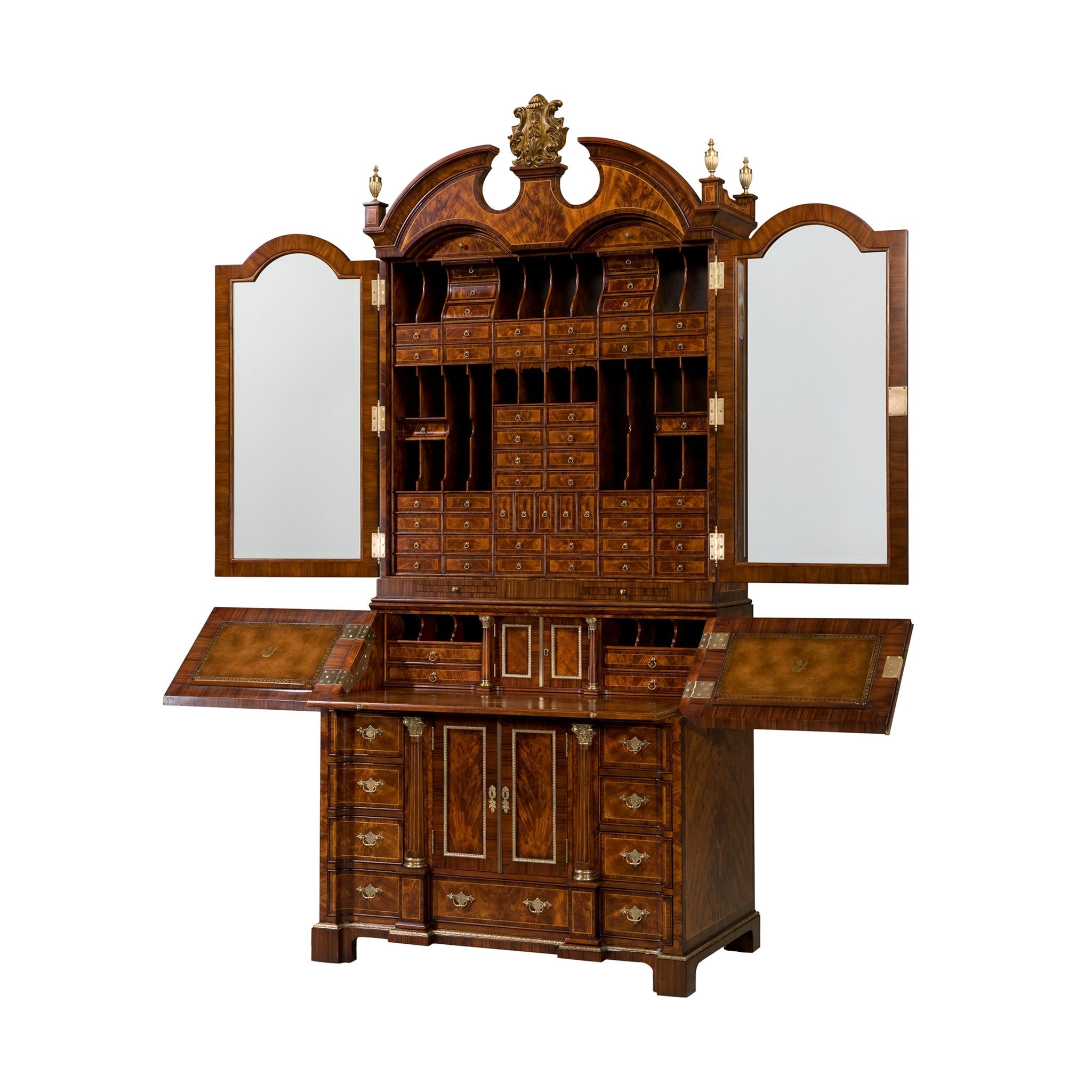 Open George II mahogany secretary bookcase with compartments.
