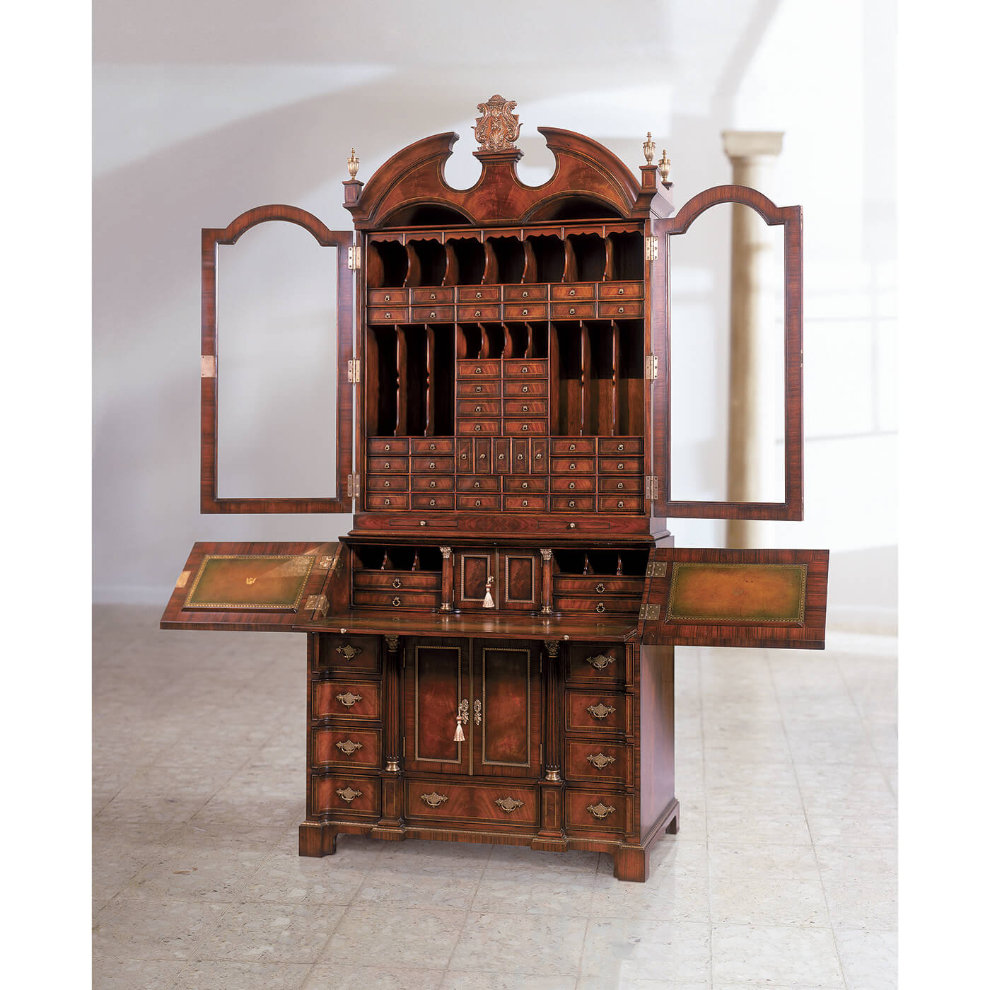 Open secretary bookcase, showcasing inside features and compartments.