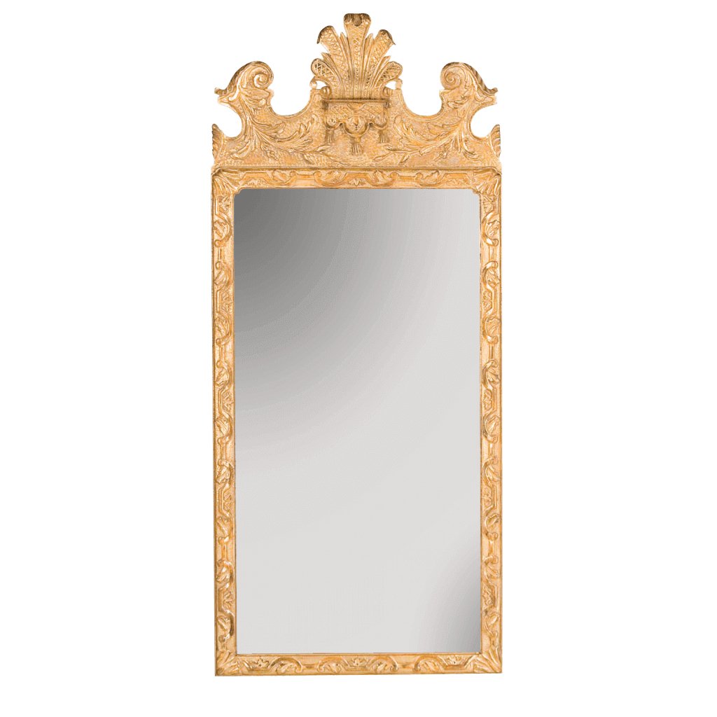 Ornate George II style mirror with intricate scroll top design.
