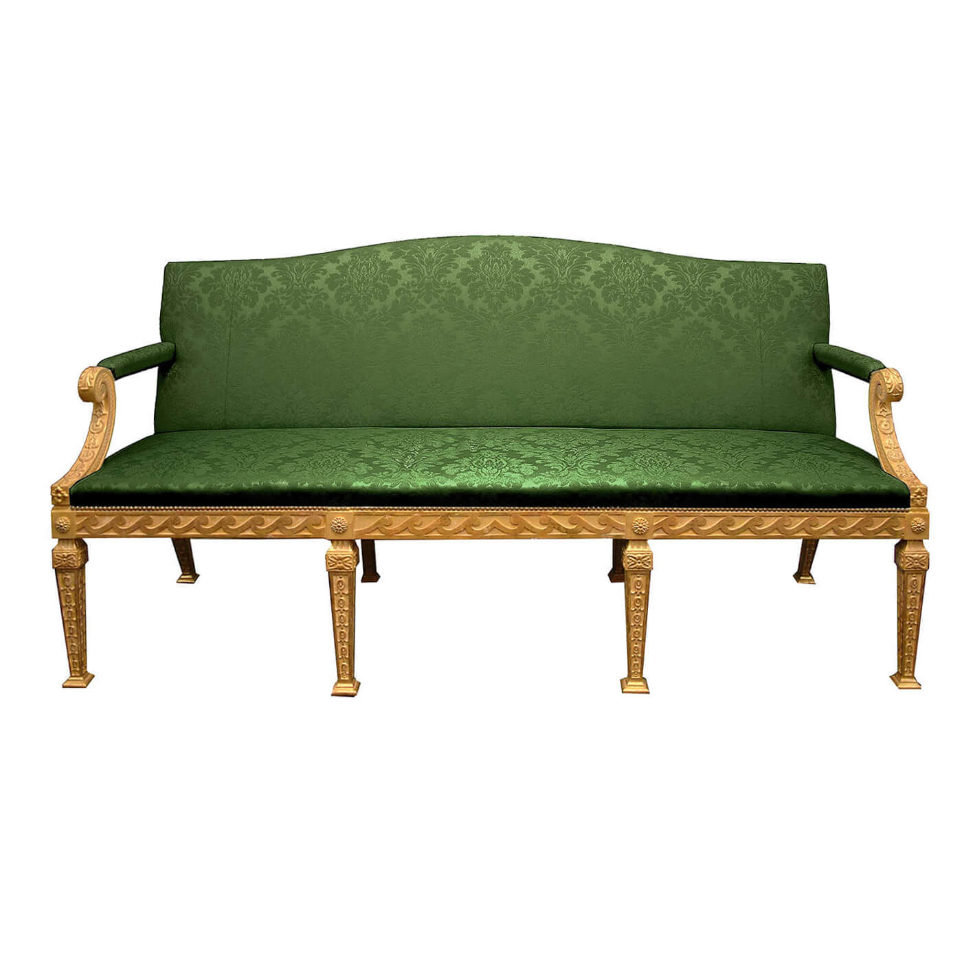 Green George II style carved settee with gold accents