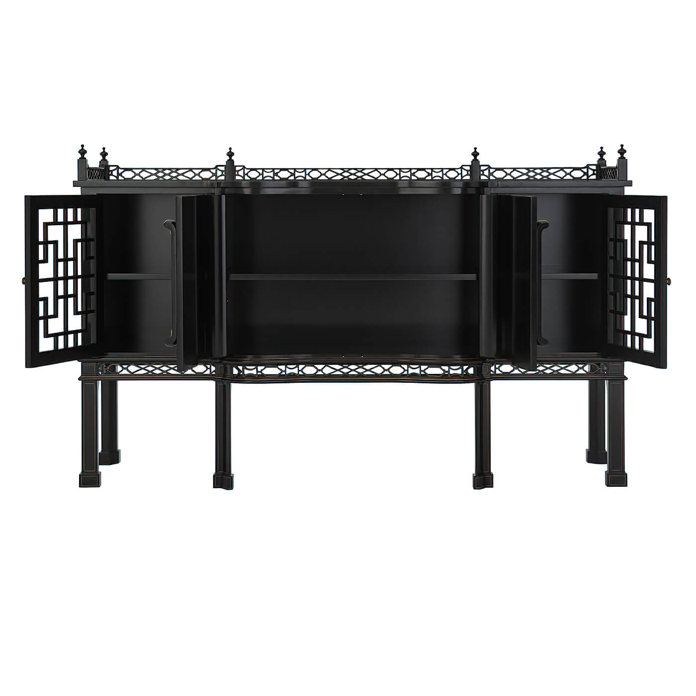Chippendale sideboard with open doors revealing interior shelves