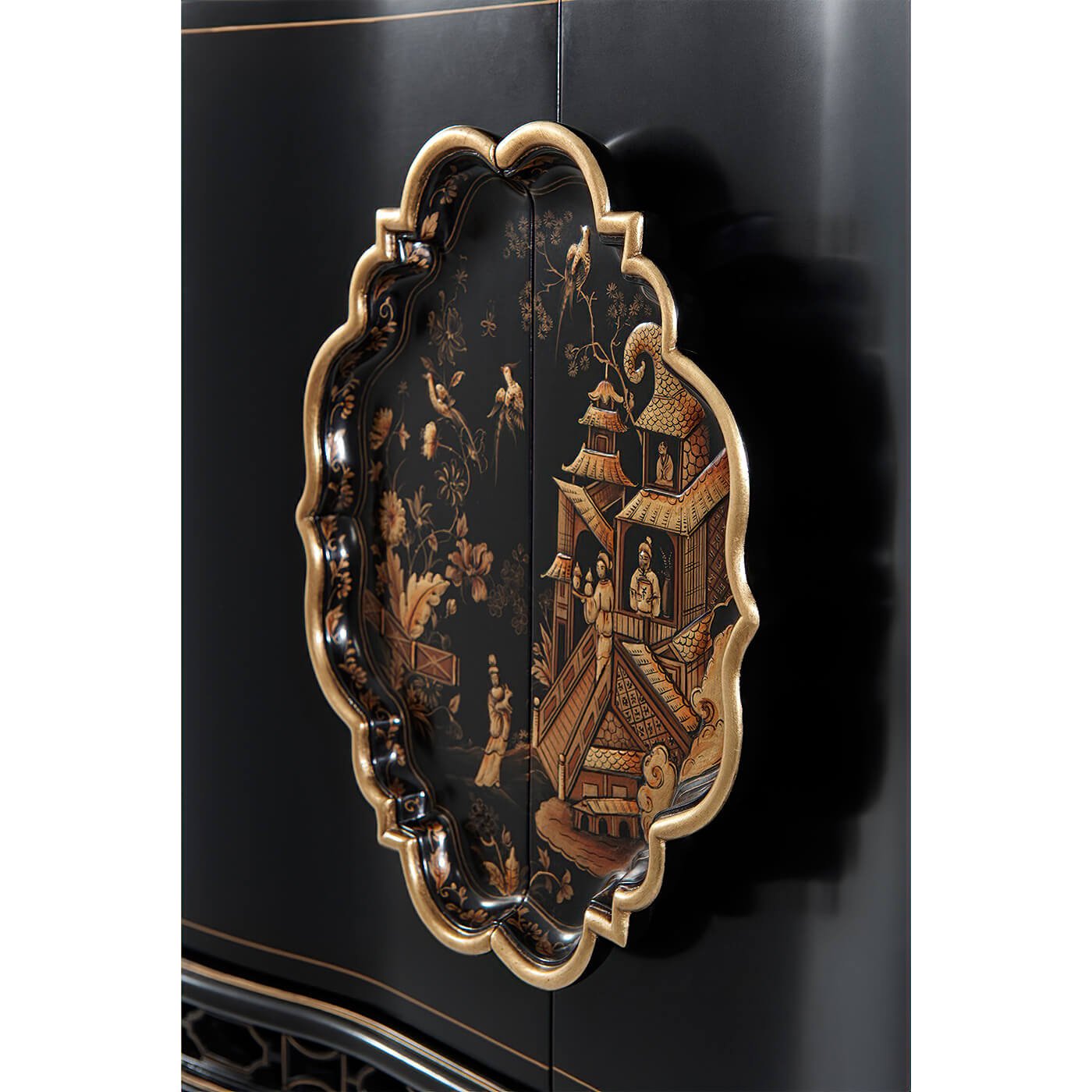 Close-up of decorative detail on Chippendale sideboard