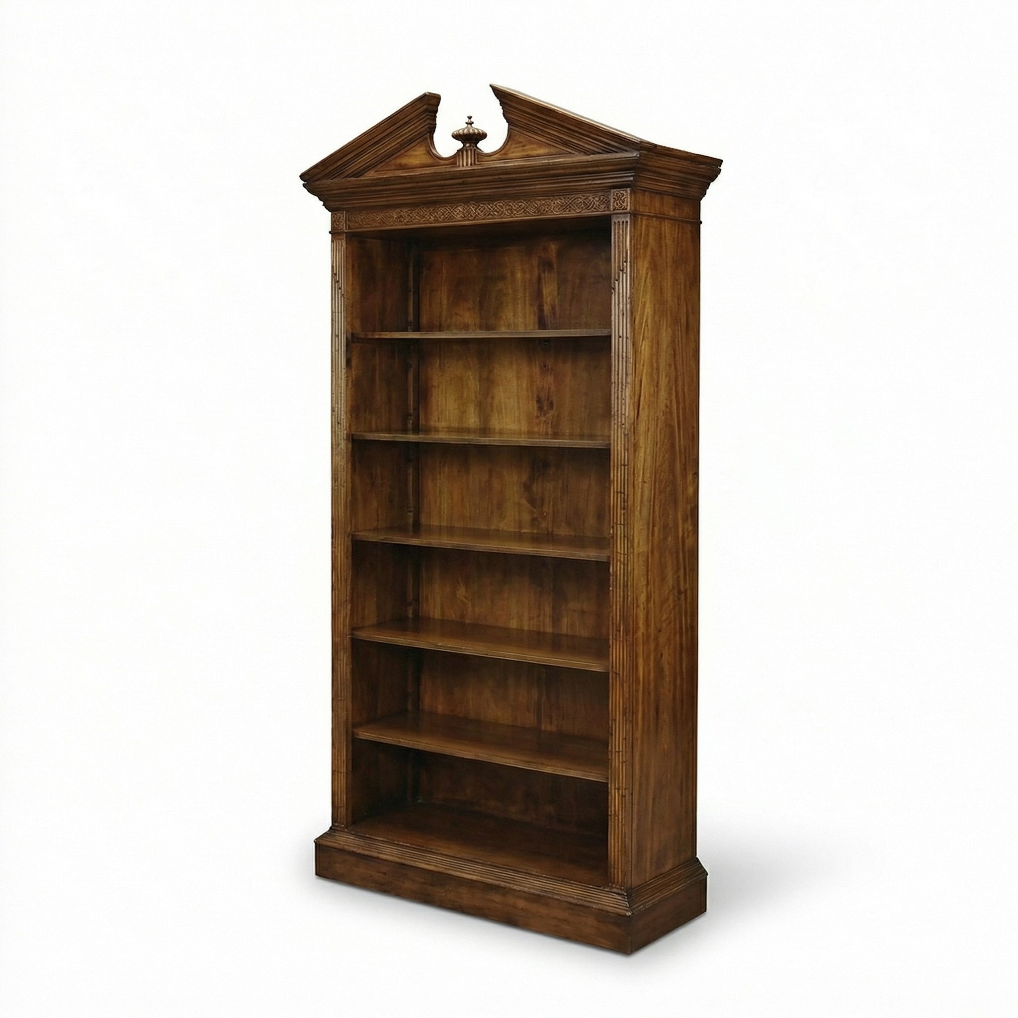 Walnut architectural bookcase, side angle view.