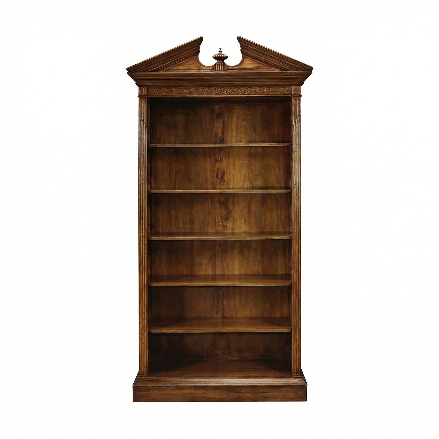 Empty walnut bookcase, front view.