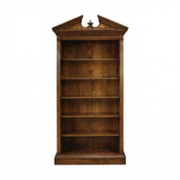 Empty walnut bookcase, front view.