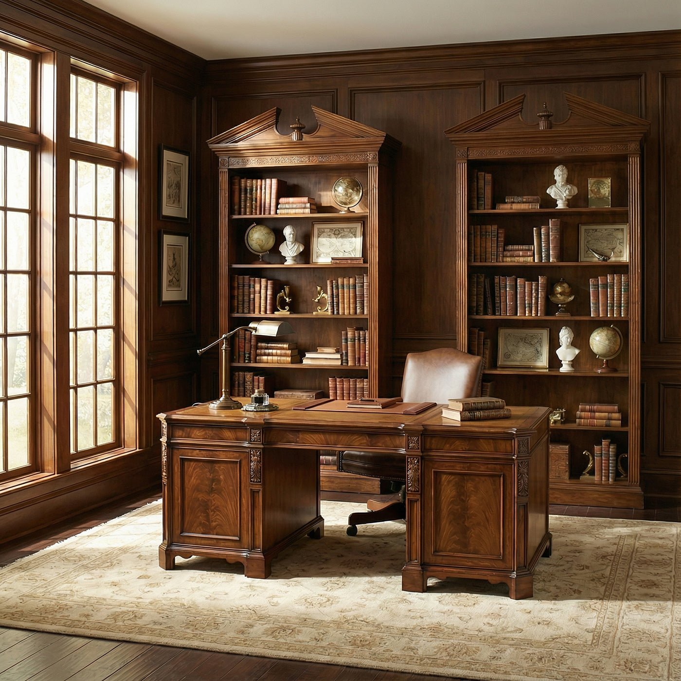 Office with two walnut bookcases and a desk.
