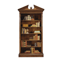 Walnut bookcase filled with books and decor items.