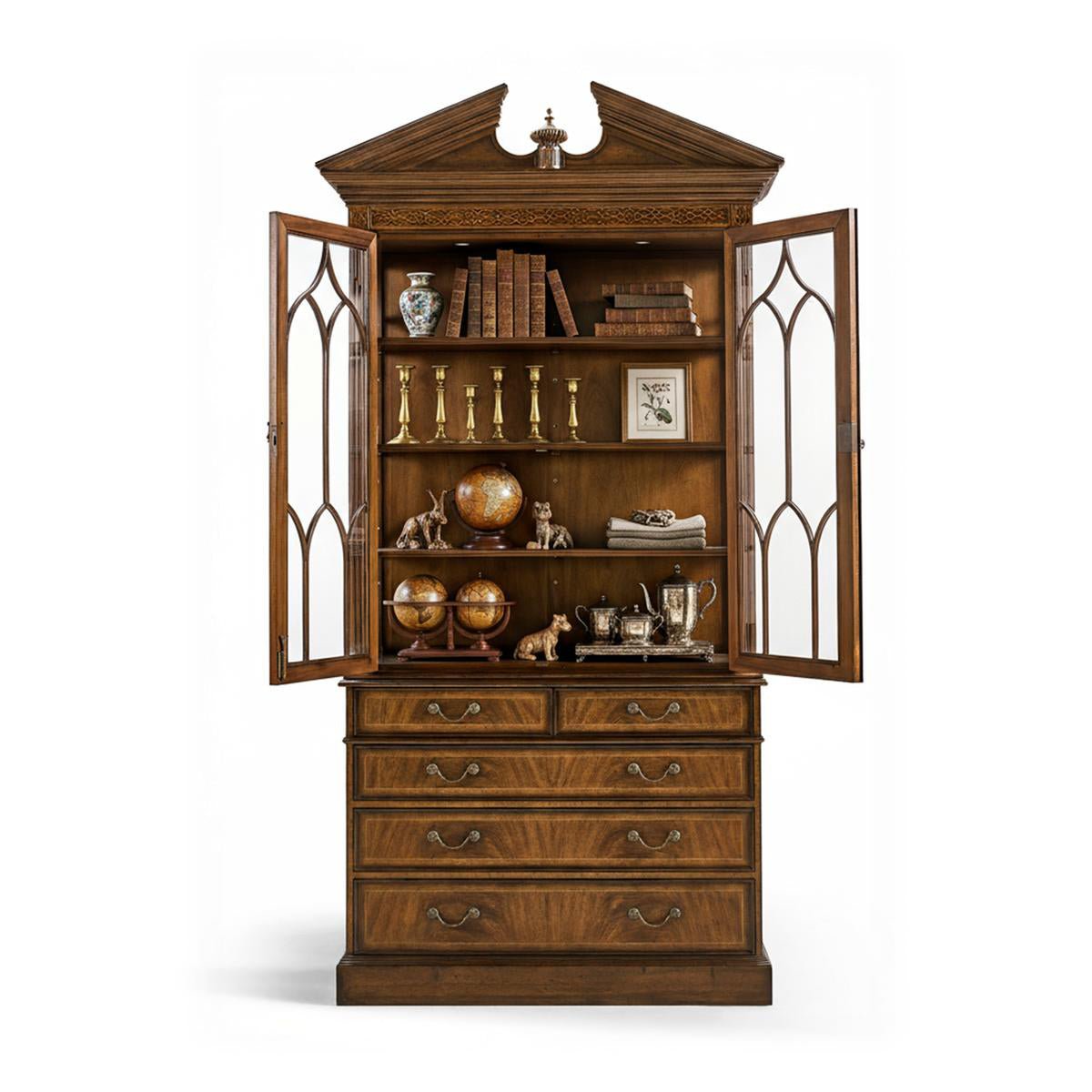 Walnut bookcase with doors open, displaying items inside.