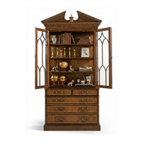 Walnut bookcase with doors open, displaying items inside.