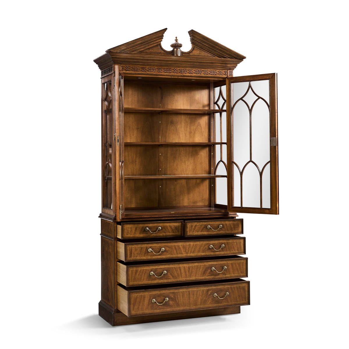 Walnut bookcase with one door open, empty shelves.