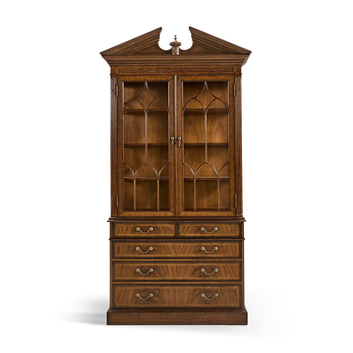 Front view of closed walnut bookcase.