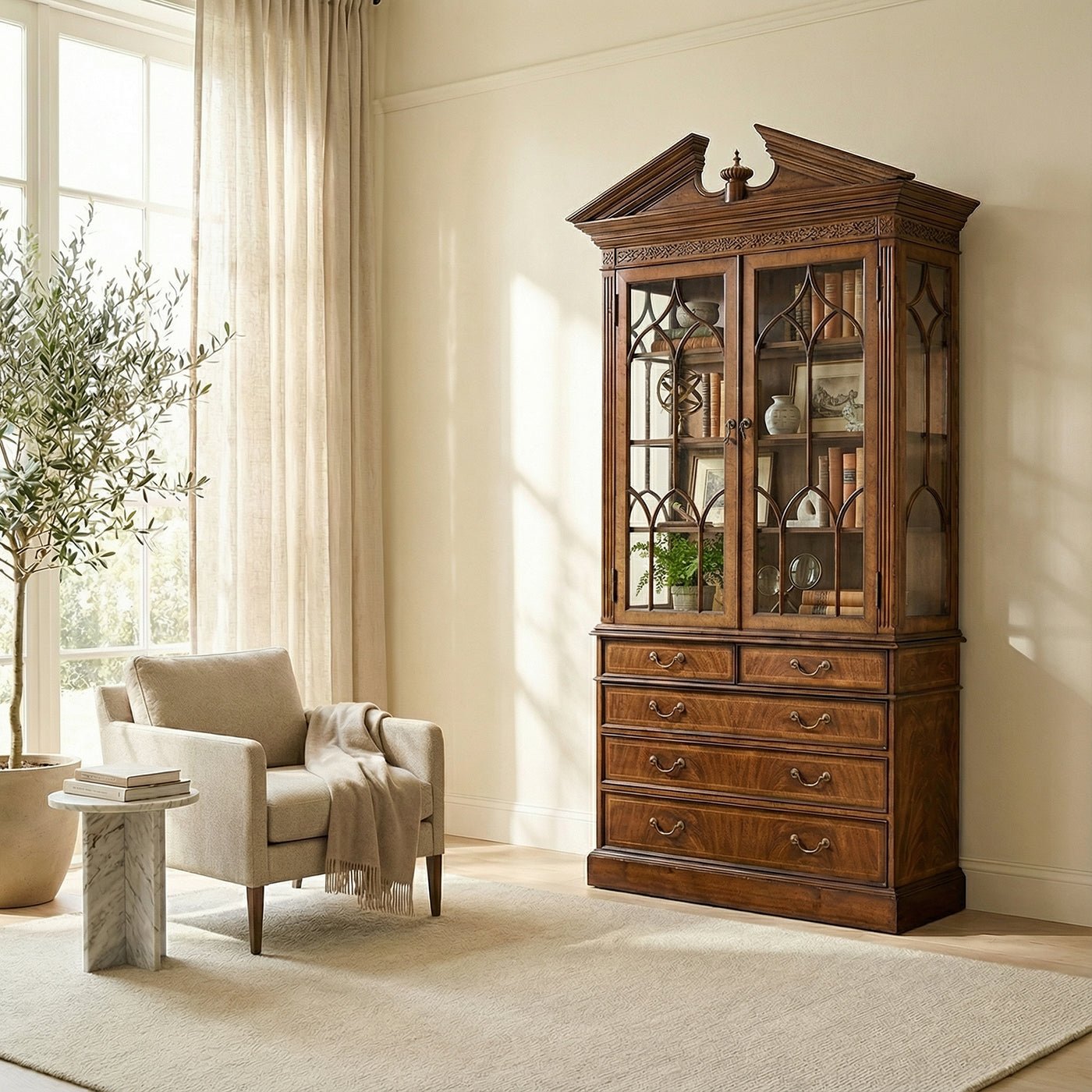 Walnut bookcase in living room setting, near chair.