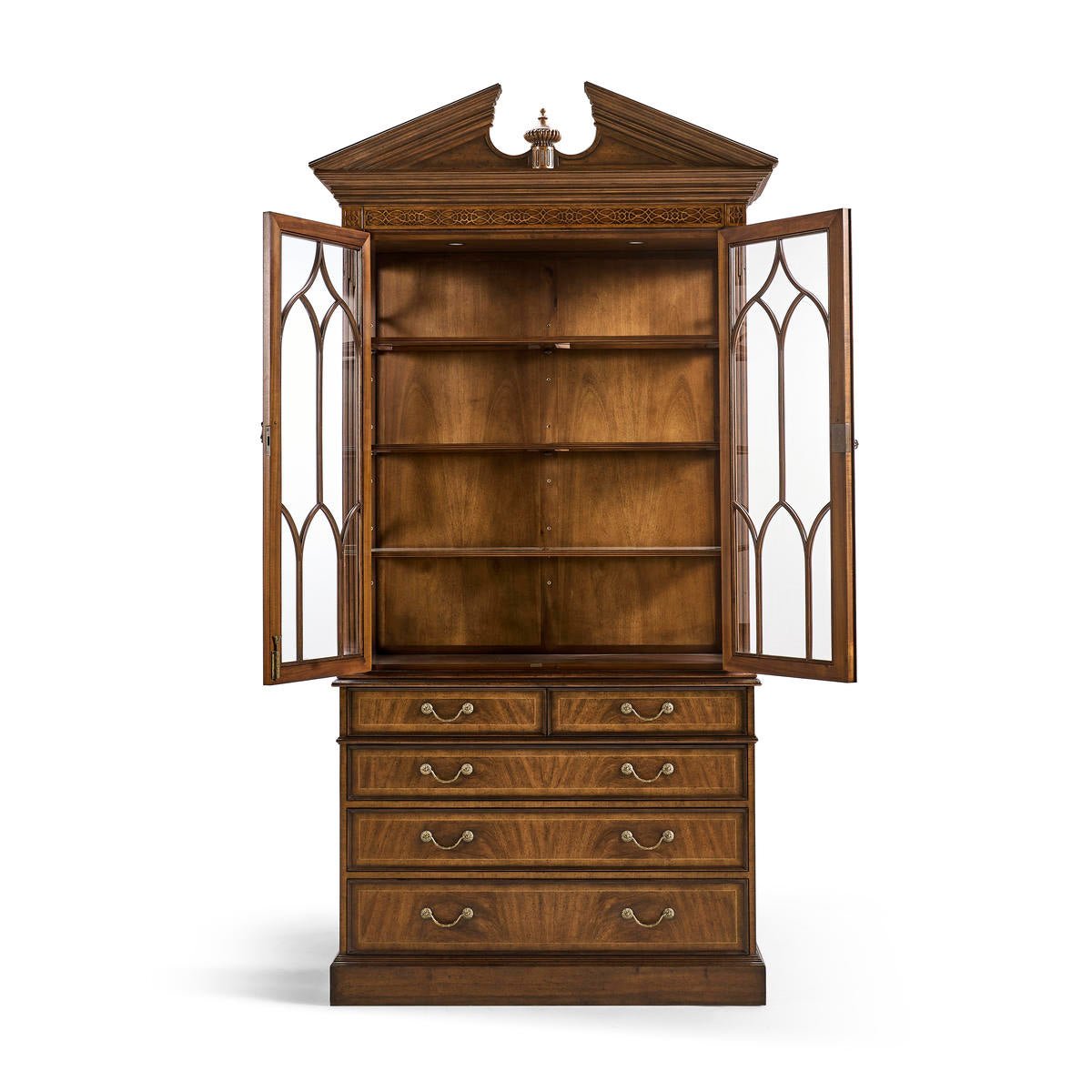 Front view of open walnut bookcase with empty shelves.