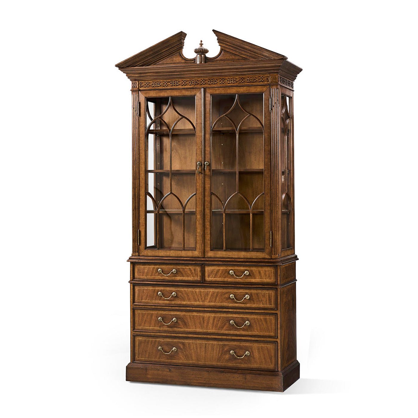 George II walnut bookcase front view with closed doors.