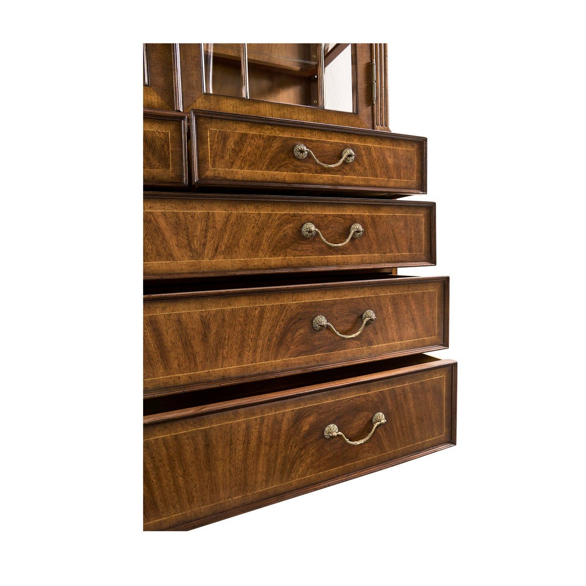 Open drawers on George II walnut bookcase.
