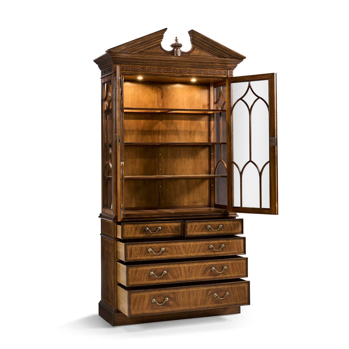 Open walnut bookcase with lighting on shelves.