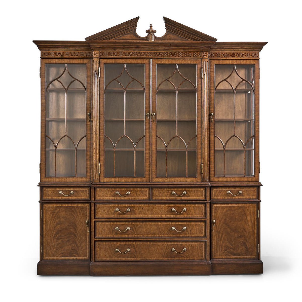 Frontal view of George II walnut breakfront bookcase