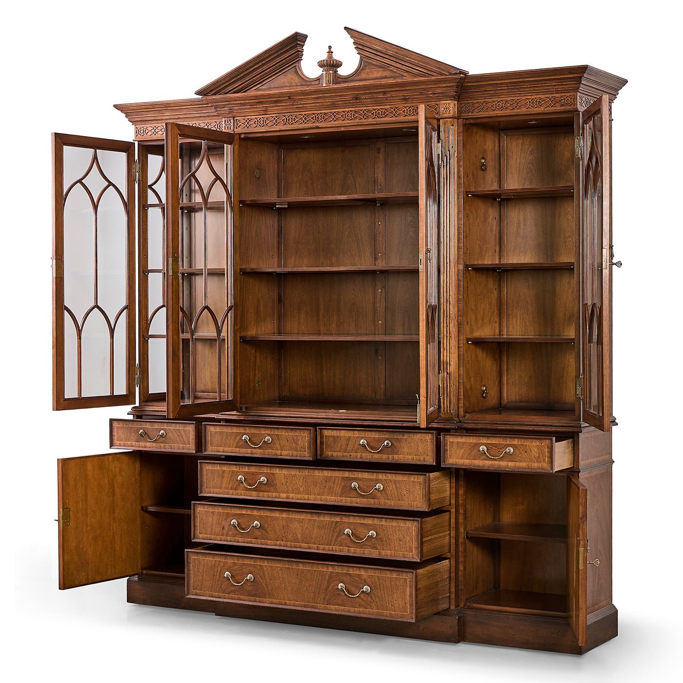 Opened George II walnut breakfront bookcase with visible shelves