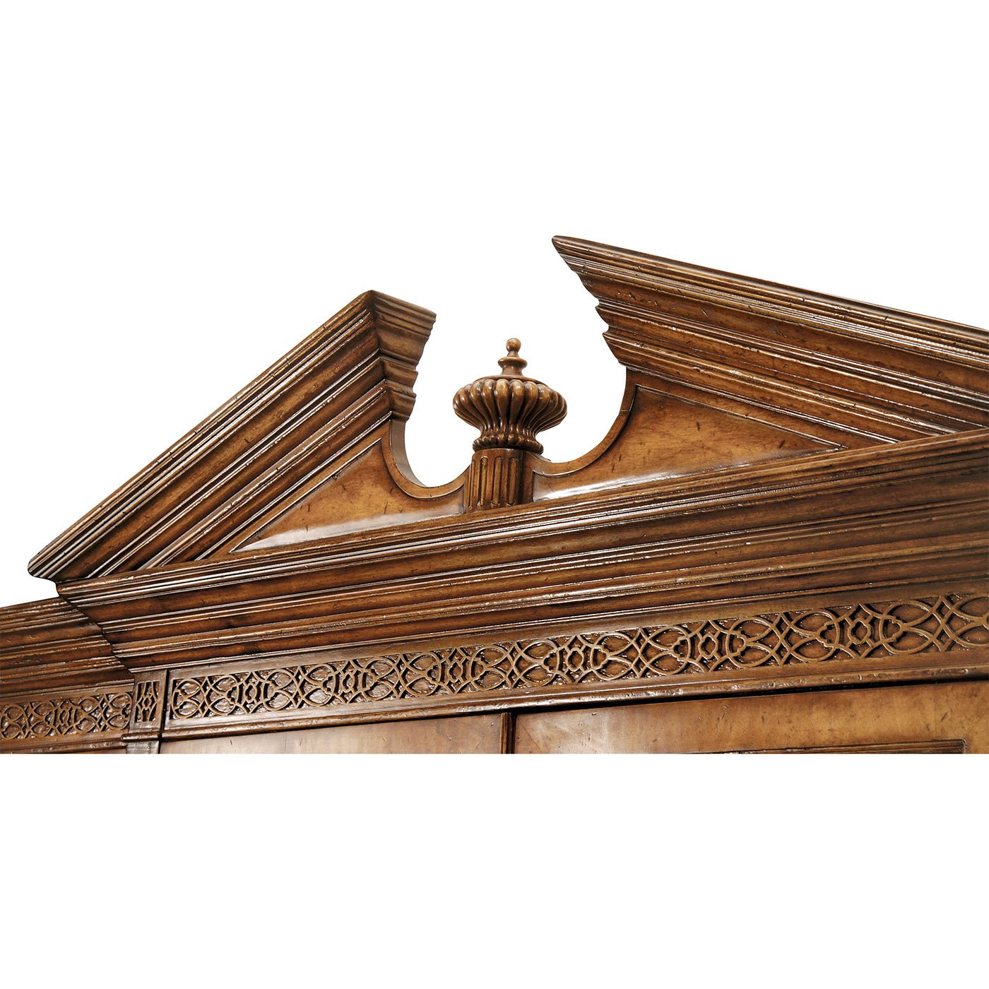 Decorative details of George II walnut bookcase top design