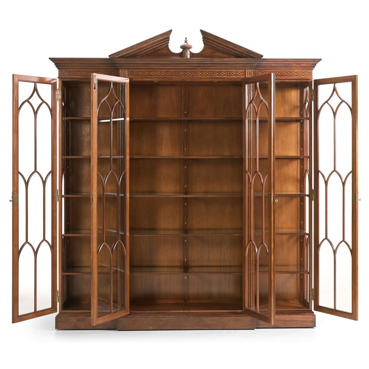 Open walnut display bookcase showing interior shelves.