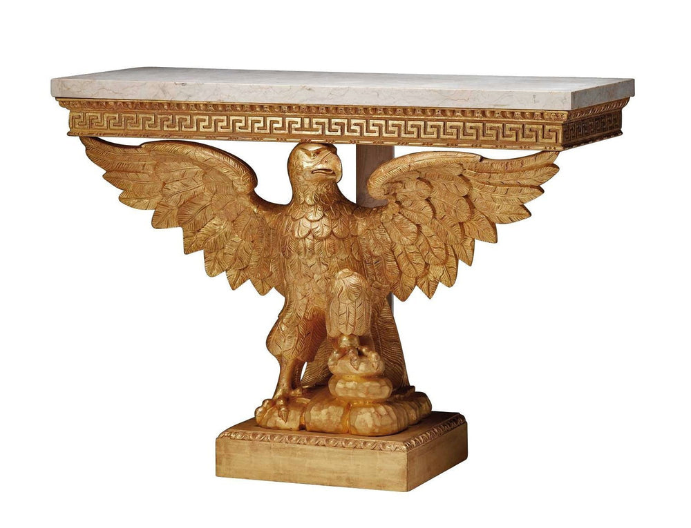 Gold eagle console table with marble top detail.