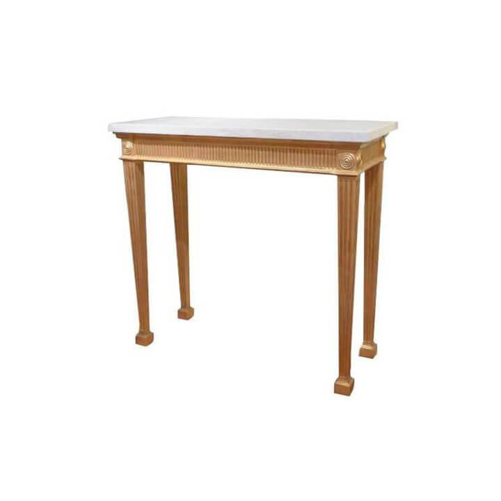 Gold wooden console table with marble top, front view.
