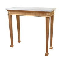 Elegant console table with carved details, side angle.
