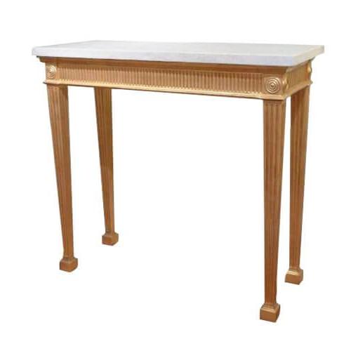 Elegant console table with carved details, side angle.