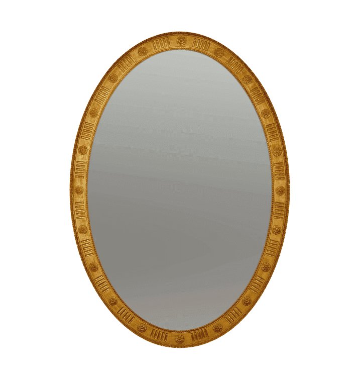 Oval George III style mirror with decorative gold frame.