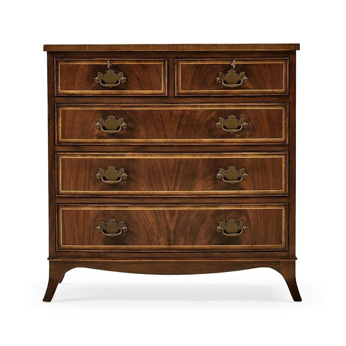 Front view bedside dresser with bow front design.