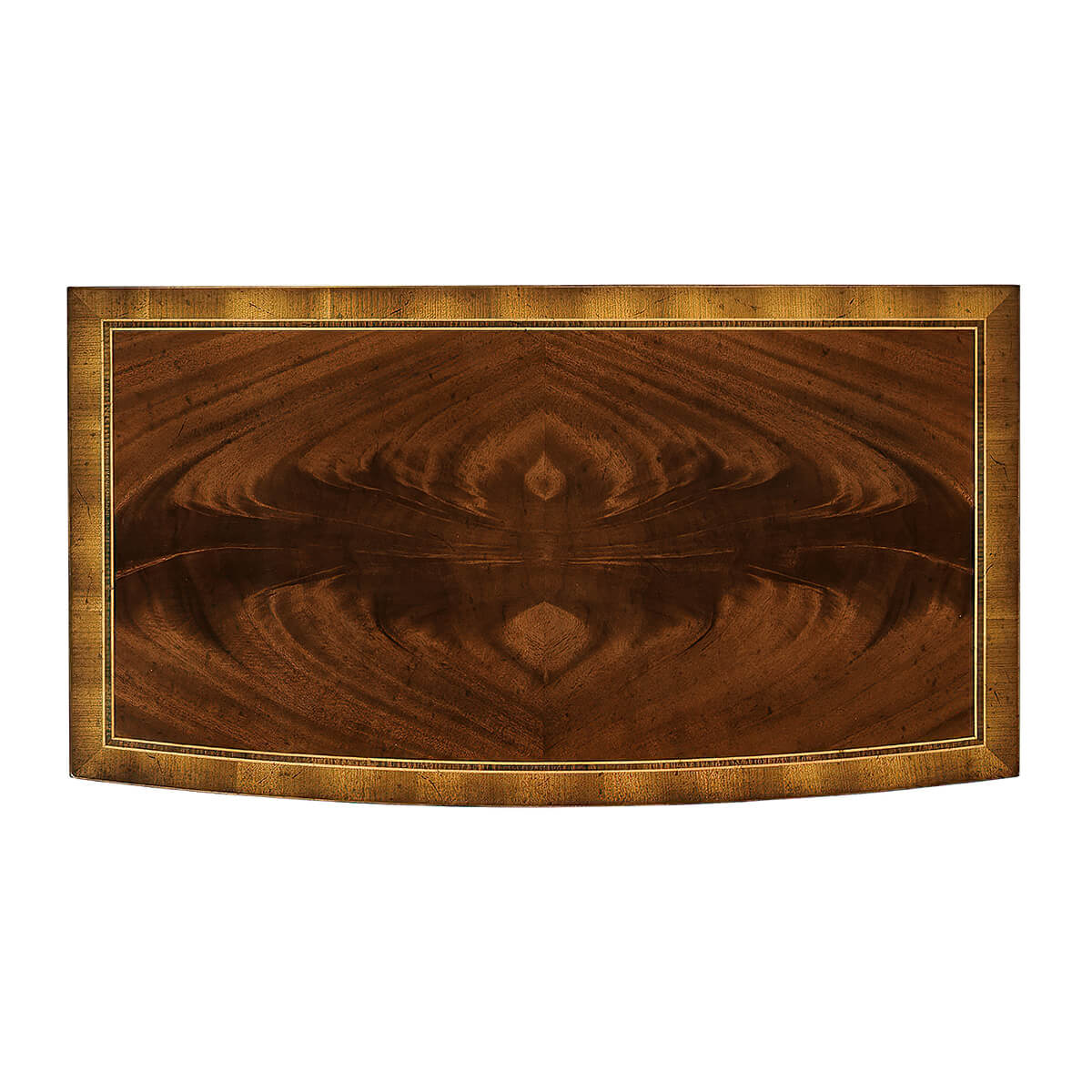 Top view of bow front bedside dresser with wood grain.