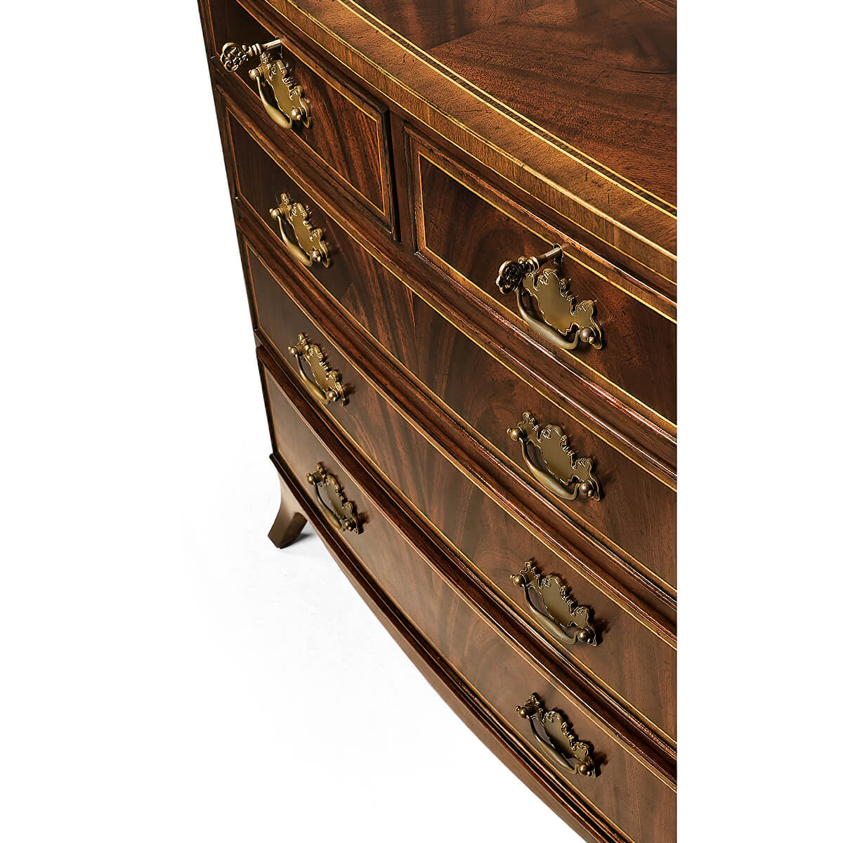 Perspective view of dresser showing handles and wood pattern.