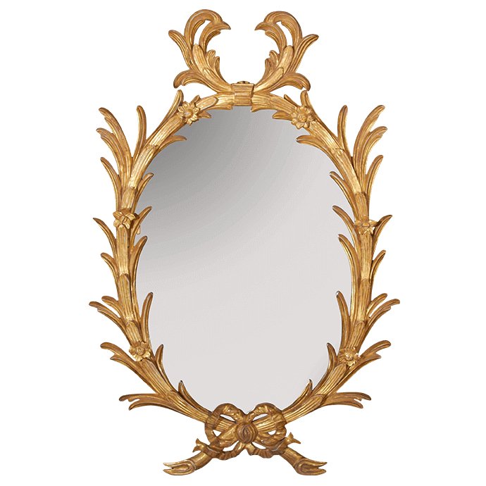 Ornate George III Chippendale oval mirror with gold finish.