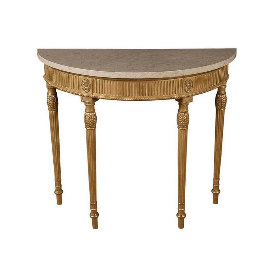 Elegant demi lune console table with ornate carvings.