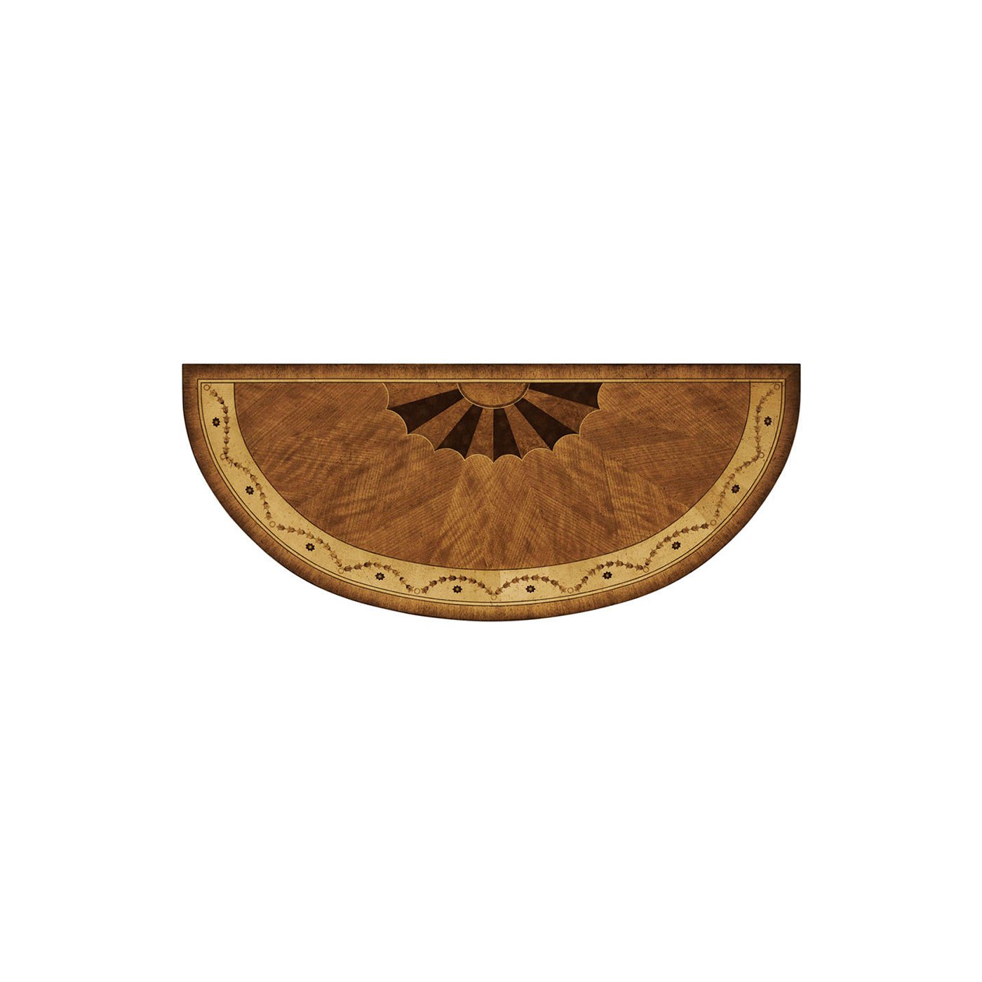 Top design of Hepplewhite demi-lune cabinet showing wood pattern.